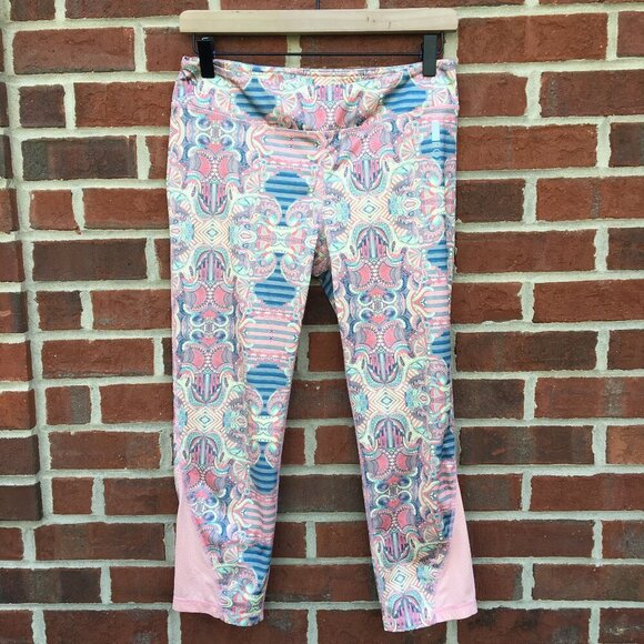 Roxy Athletic Capri Leggings Large Pink Print Hidden Waist Pocket - Picture 1 of 7